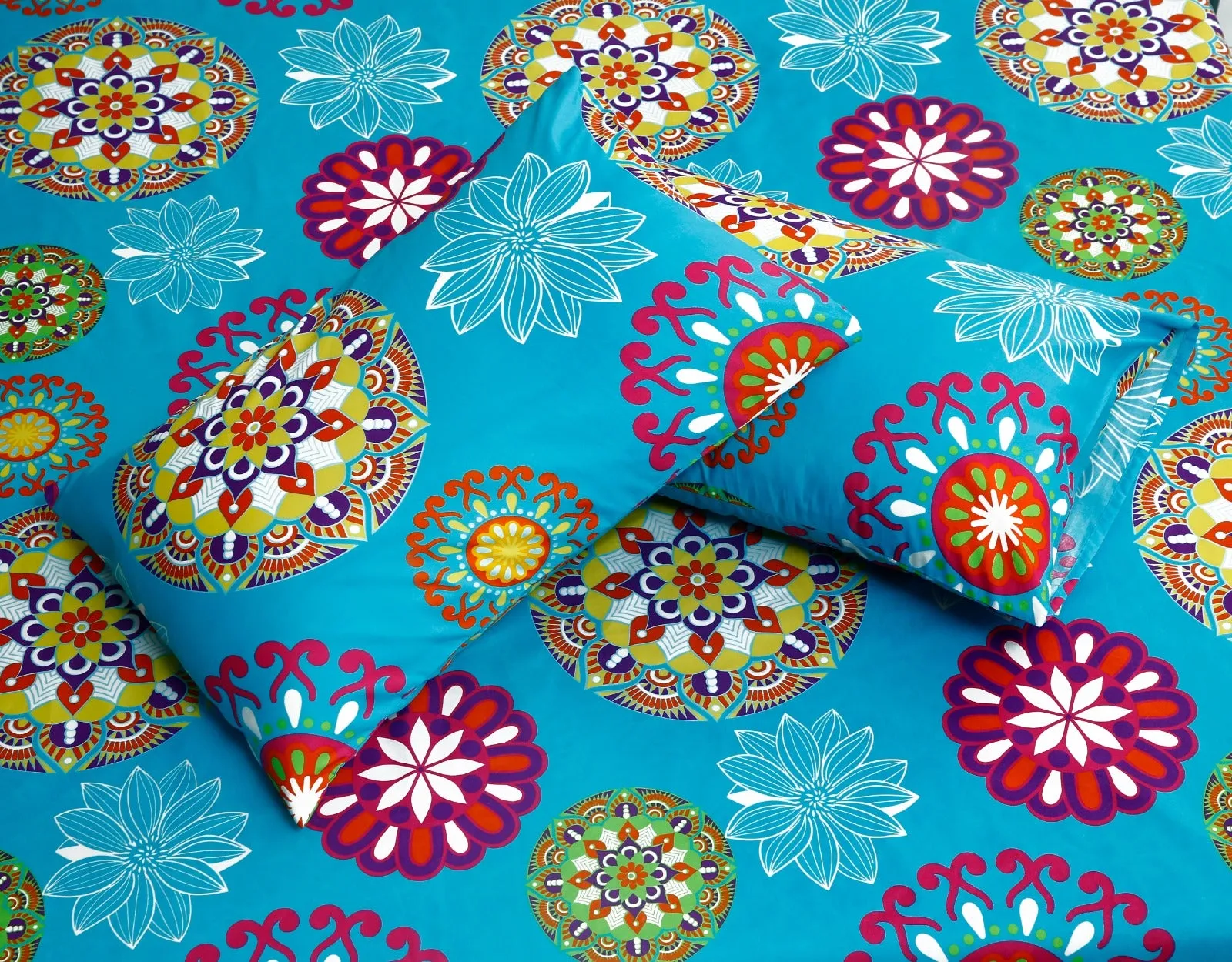3 PCs Double Bed Sheet -Turquoise  Flower