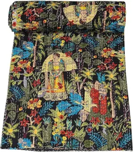 cozy Hippie Floral Handblock Handmade Cotton Block Kantha Quilting Vintage Throw Blanket Hippie Queen/King Size Bohemian Bed Decor Quilt Black King