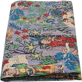 modern Hippie Floral Handblock Handmade Cotton Block Kantha Quilting Vintage Throw Blanket Hippie Queen/King Size Bohemian Bed Decor Quilt Gray Twin