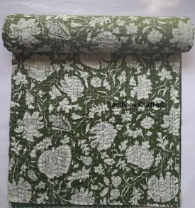 modern Hippie Floral Handblock Handmade Cotton Block Kantha Quilting Vintage Throw Blanket Hippie Queen/King Size Bohemian Bed Decor Quilt Green California King