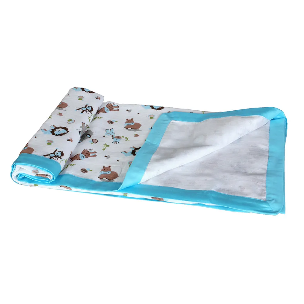My Milestones 100% Cotton Muslin Baby Blanket - 4 Layered (43x43 inches) - Zoo Print Blue