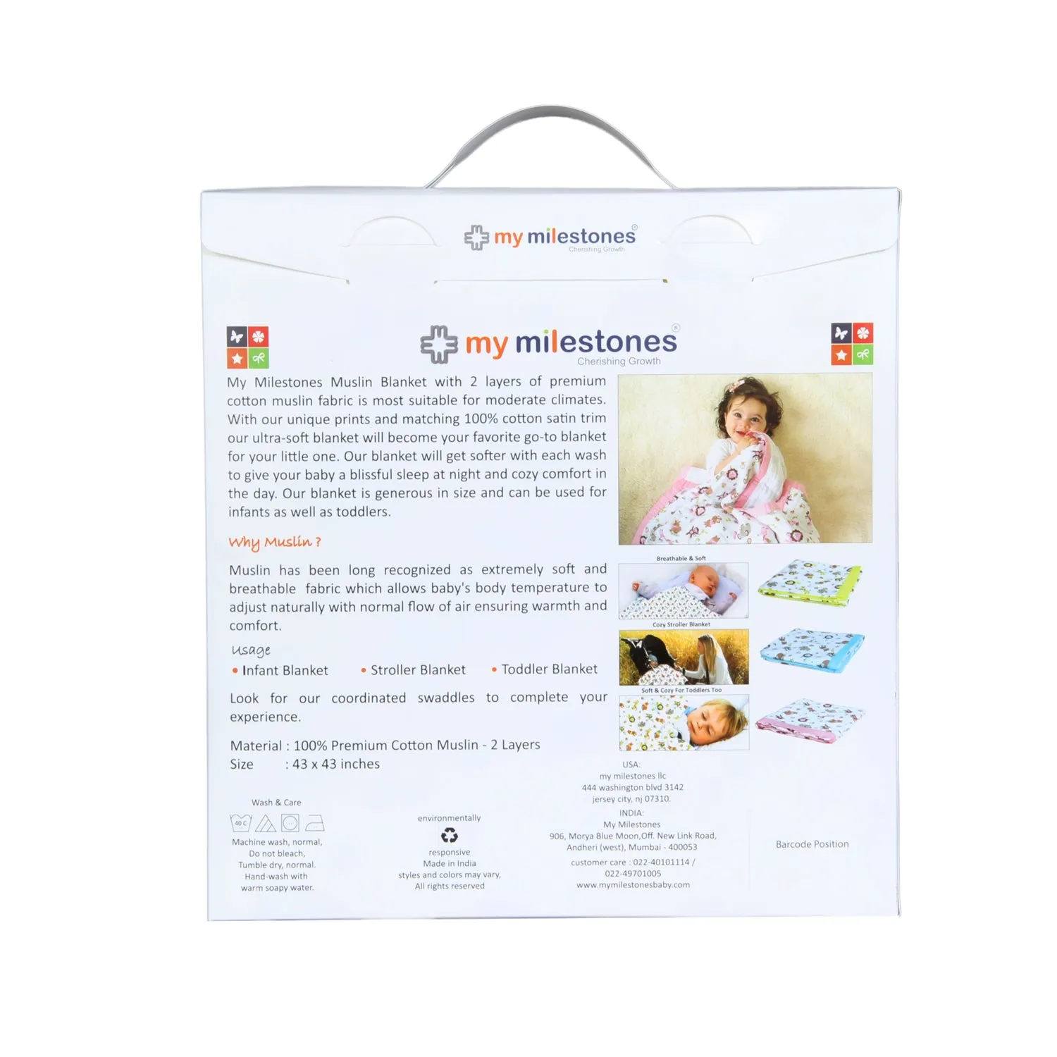 My Milestones 100% Cotton Muslin Baby Blanket - 4 Layered (43x43 inches) - Zoo Print Blue