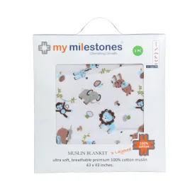 My Milestones 100% Cotton Muslin Baby Blanket - 6 Layered (43x43 inches) - Zoo Print Blue